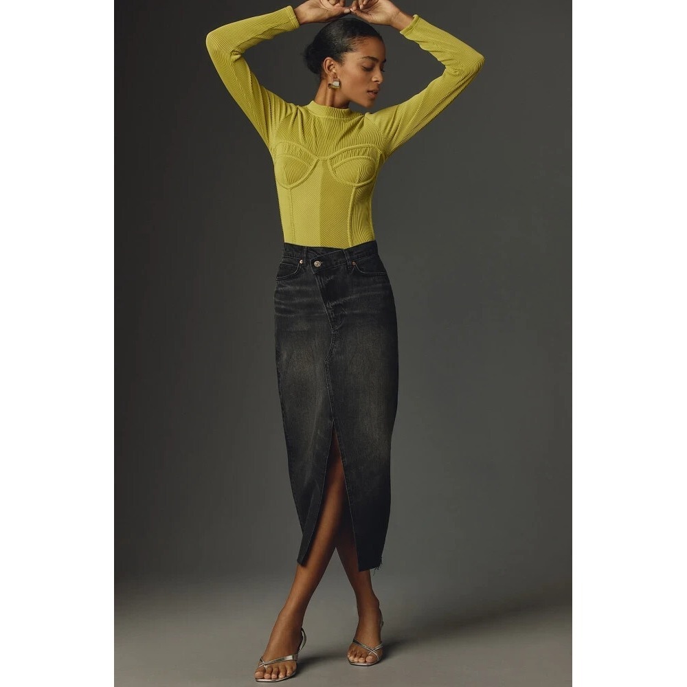 Reformation Nila Long Denim Skirt Front Slit Raw Hem Faded Washed Black Size 28 - Picture 13 of 13